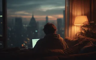 Remote worker using a laptop at night in a high-rise apartment overlooking a city skyline, representing notarizing documents online from anywhere