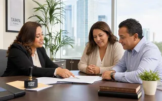 A bilingual notary explaining the nature and purpose of a legal document to a Tampa couple before they sign